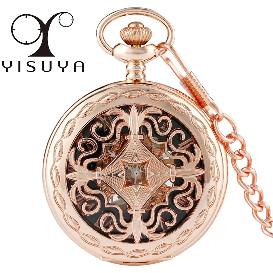 

Rose Gold Skeleton Mechanical Pocket Watch Manual Pendant Fob Clock Roman Numerals Display Hand Winding Timepiece Retro Watches