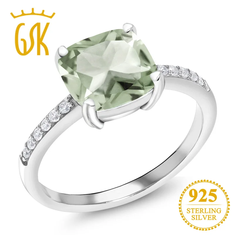 GemStoneKing 2 17 Ct подушка зеленый прасиолит 925 пробы Серебряное обручальное кольцо для
