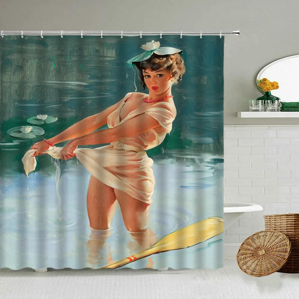 

American Sexy Girl Shower Curtain Retro Poster Fashion Woman Bathroom Bathtub Blackout Waterproof Cloth Curtains With Hook Set