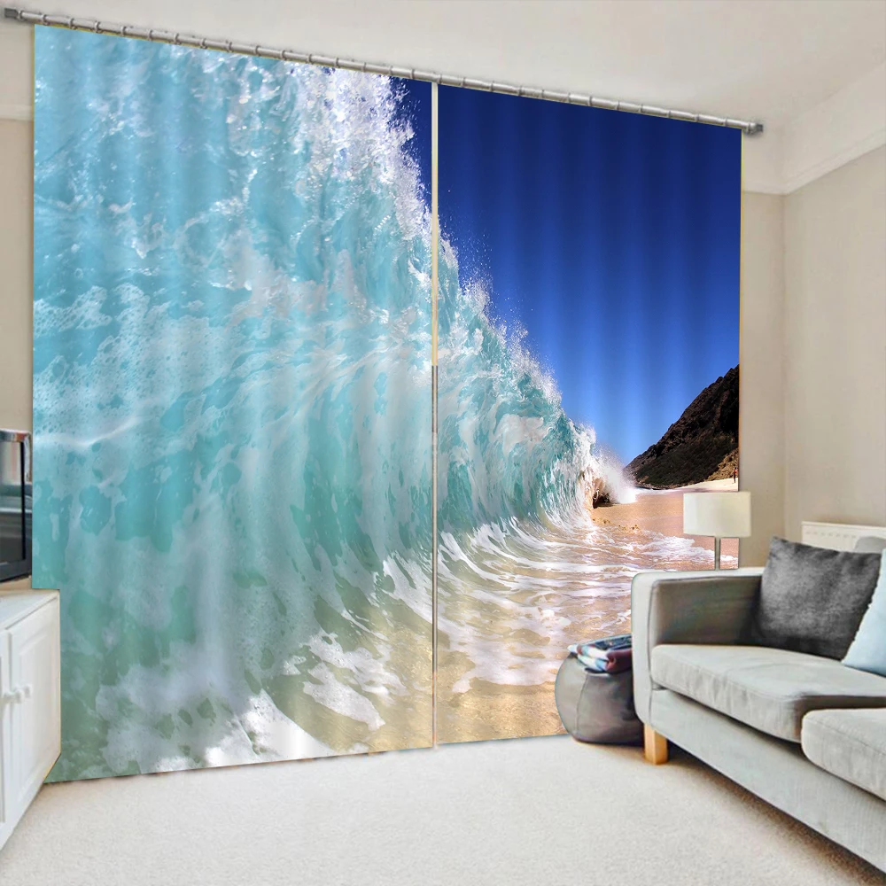 Затемняющие шторы с голубыми волнами для окон Роскошные 3D занавески