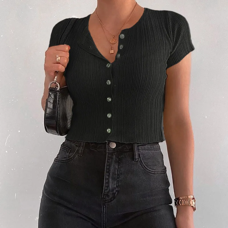 

Europe and the United States 2021 summer new round neck short-sleeved T-shirt women's multicolor button cardigan shirt