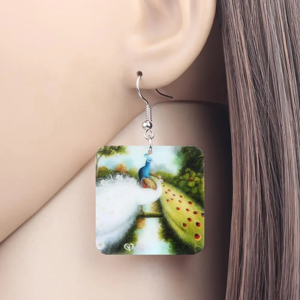 WEVENI Acrylic Square Peacock Peafowl Earrings Printing Big Wild Bird Animal Dangle Drop Jewelry For Women Girls Kid Trendy Gift | Украшения