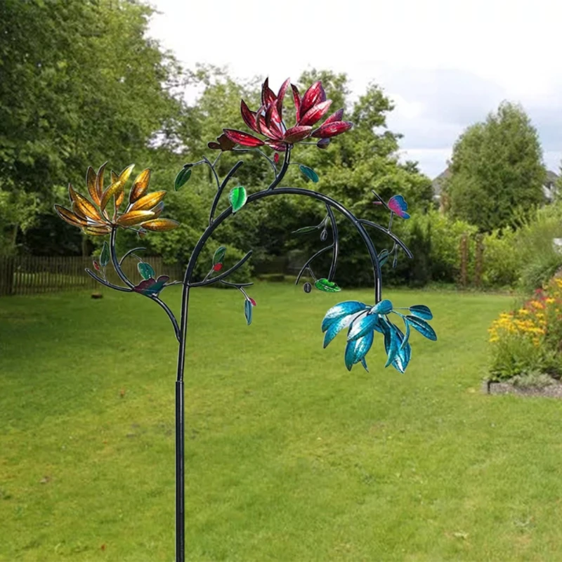 

Large Metal Wind Spinner with Three Spinning Flowers Butterflies Windmill Decor
