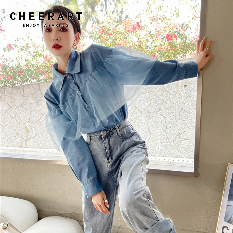 

CHEERART Mesh Patchwork Blue Denim Shirts Long Sleeve Button Up Collared Jean Shirt Women Designer Top Spring 2021 Fashion