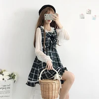 dress women clothes autumn and summer 2020new small fresh plaid bow big swing mesh lantern long sleeve two piece set