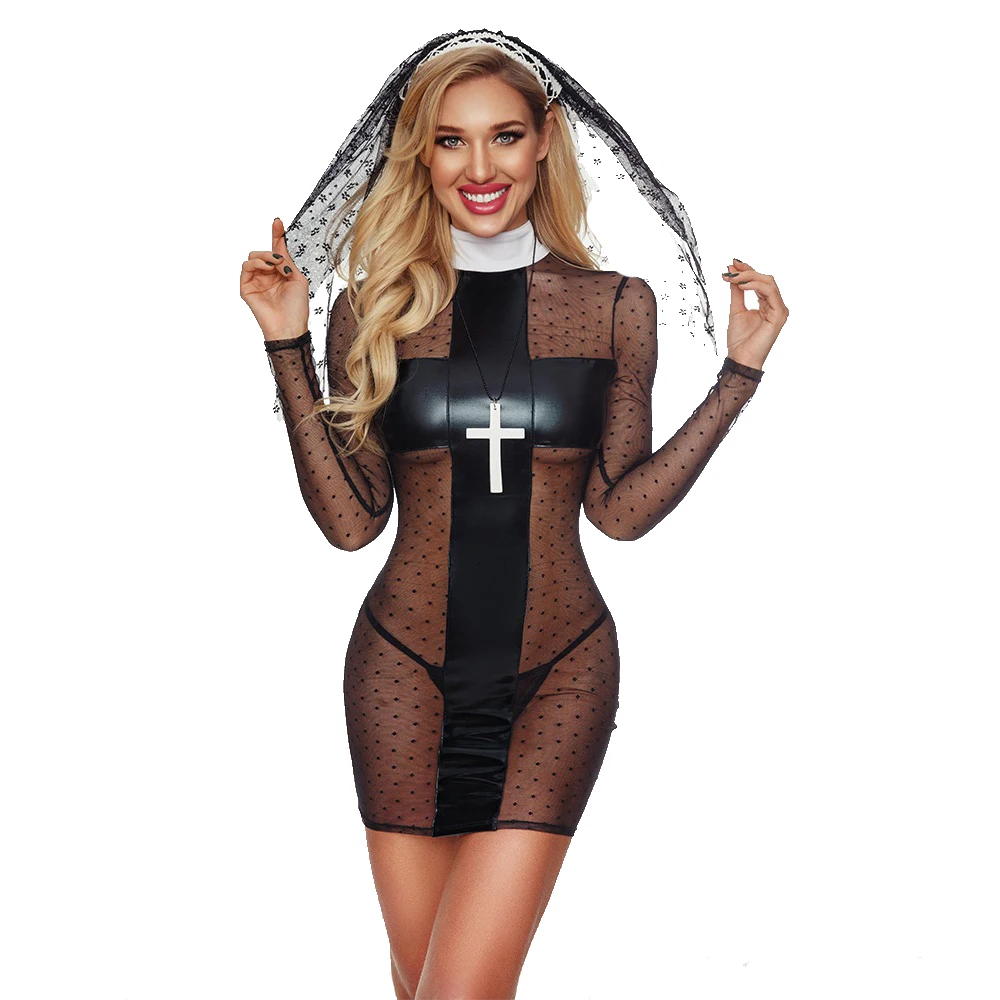

Women Sexy Nun Cosplay Costume Black Nuns Costume Halloween Nurse Suit Masquerade Role-playing Uniform 7512