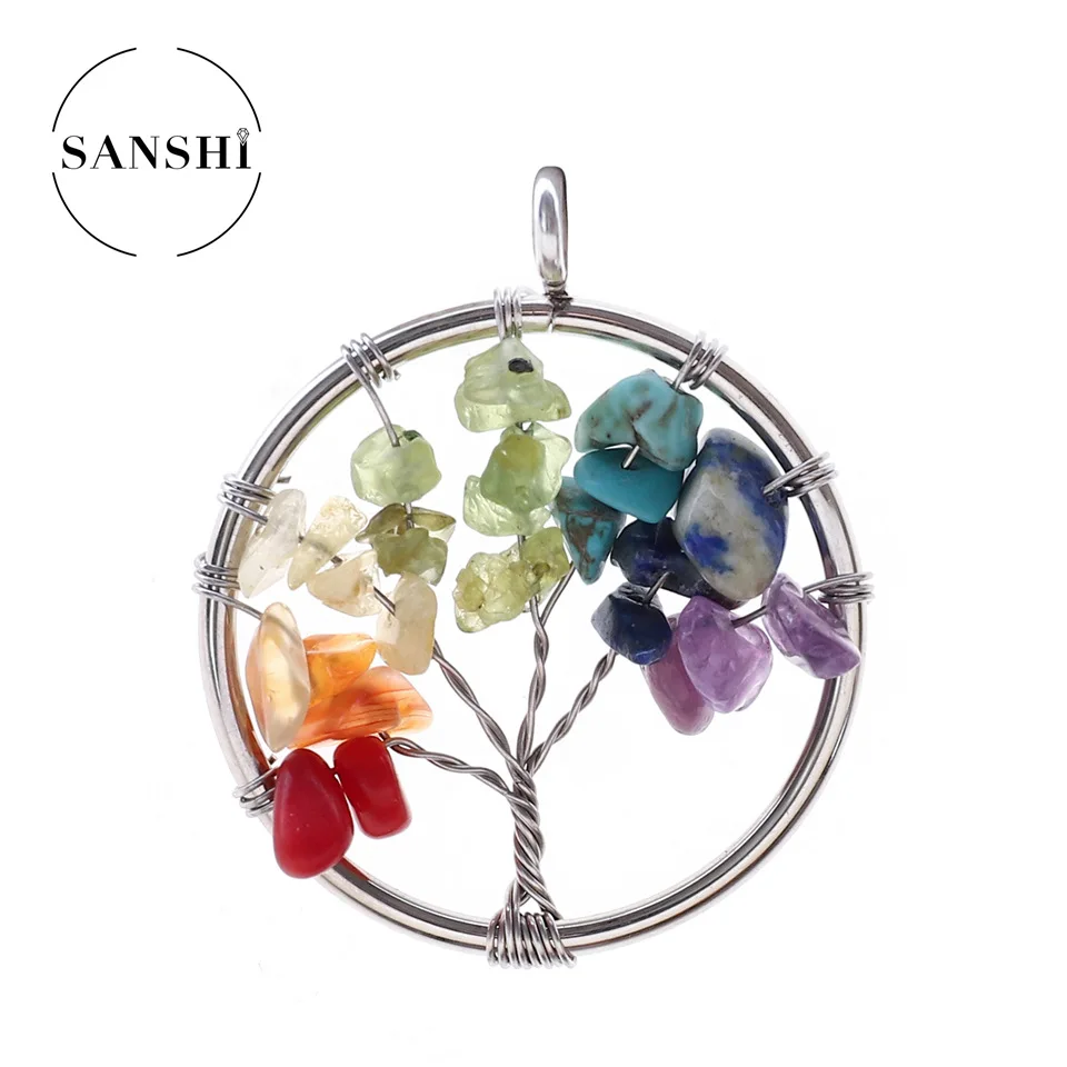 

Tree of Life Necklace & Pendant Silver Color Crystal Natural Gem Stone Chip Beads 7 Chakra Wire Wrapped Women Jewelry