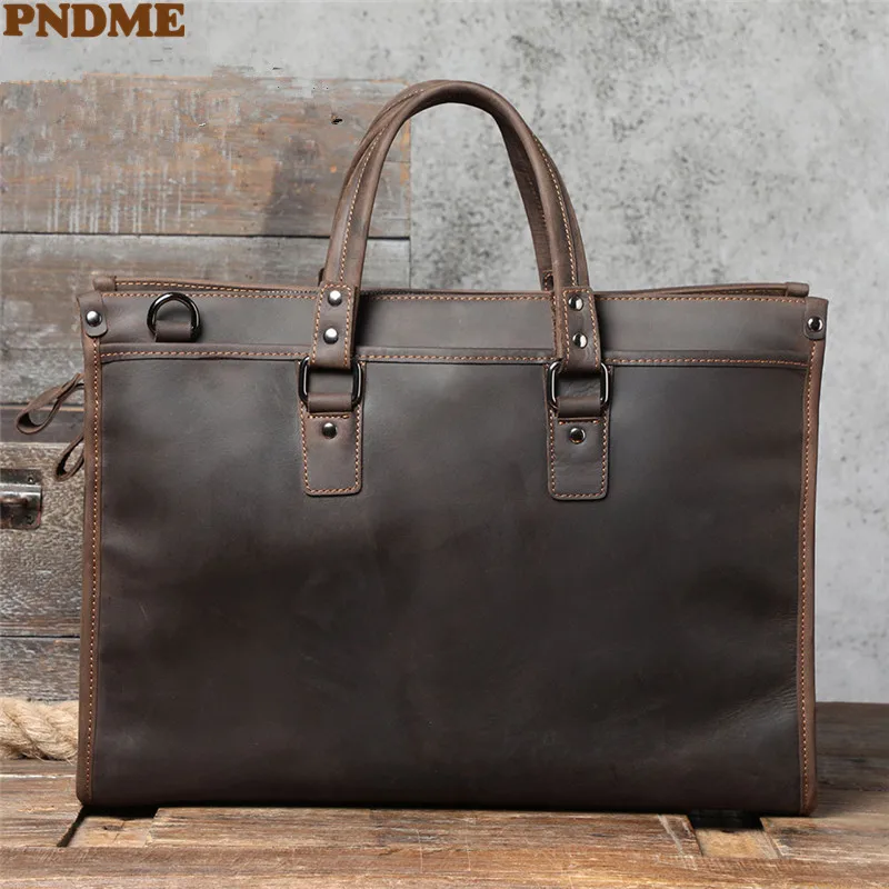 

PNDME vintage crazy horse cowhide men's briefcase large capacity laptop handbag work designer genuine leather messenger bag