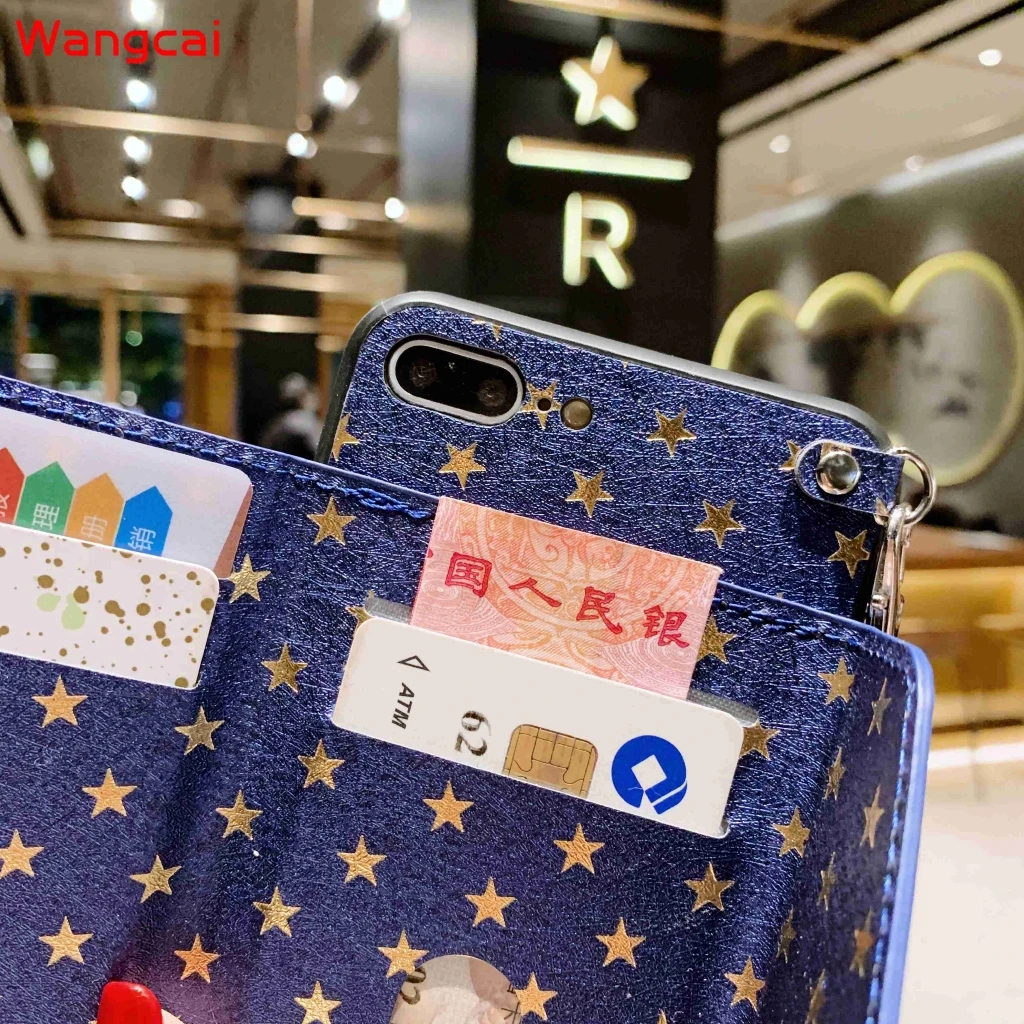 Чехол-кошелек Star Wallet Card Purse Glitter Lanyard Holder Cover для Vivo Y20 Y20i Y20S Y12S Y20d V19 Y17 Y15 Y13 Y12 Y11 Y19 Z1 Pro.