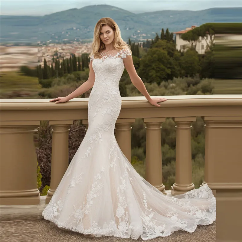

Sheer Short Sleeves Lace Appliques Slim Fitted Mermaid Wedding Dresses 2021 Natural Waistline Women Bridal Gowns Trumpet Spring