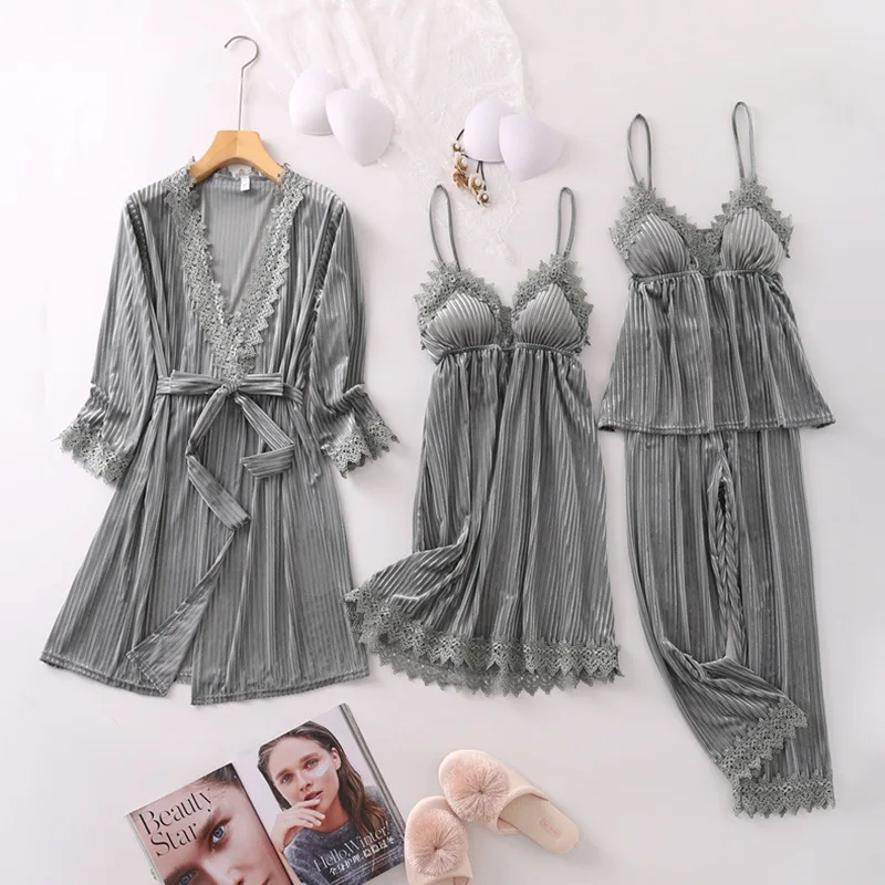 

Striped Velvet Pajamas Set 4PCS Women Sleepwear Kimono Bathrobe Gown 2021 Autumn New Pyjamas Lounge Wear Lace Home Clothes