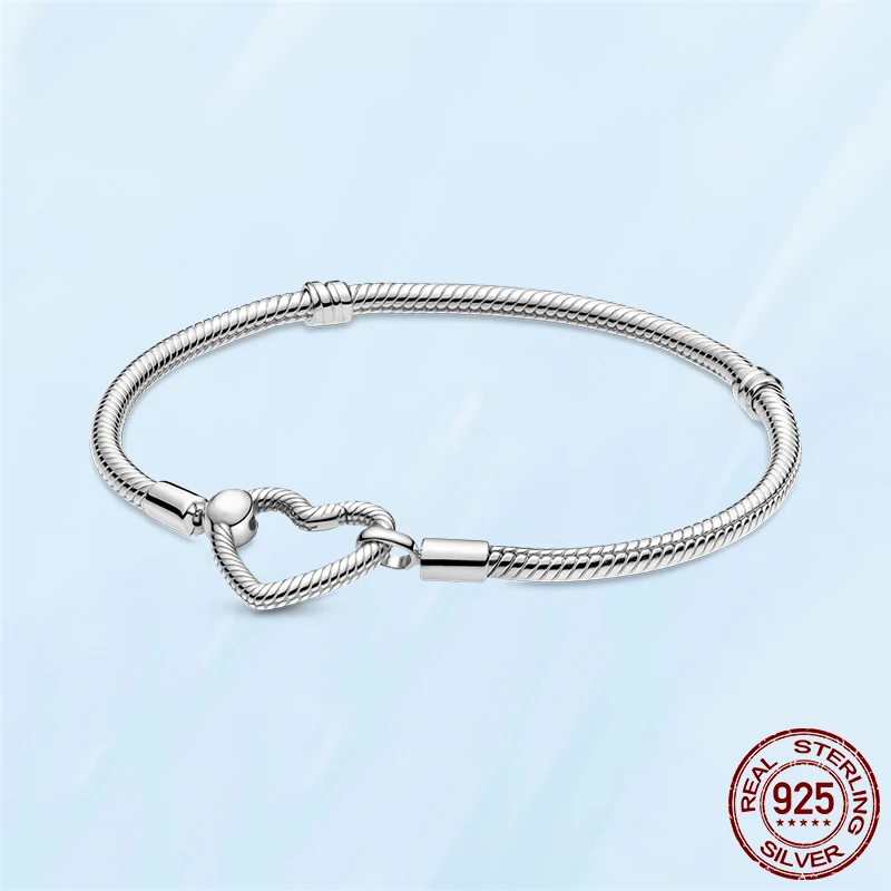 

Ladies Fashion Bracelet 925 Sterling Silver Heart Snake Chain Bracelet For Women Fit Original Pamura Charm Beads Jewelry Gift