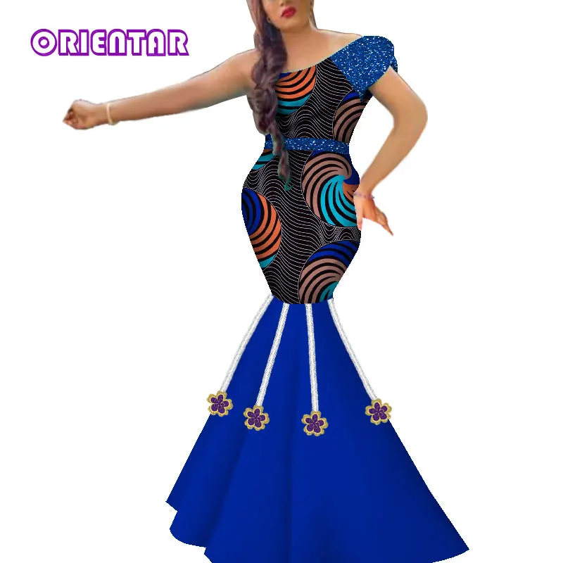 2019 New African Dresses for Women In African Clothing with Appliques Bazin Riche Lady African Mermaid Evening Dresses WY5089