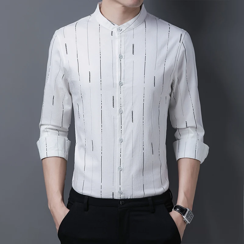 

Comfortable Stand Collar Cotton White Shirts Mandarin Collar Oversize Clothes Big Size Vintage Middle-aged Dad Fashion Clothing