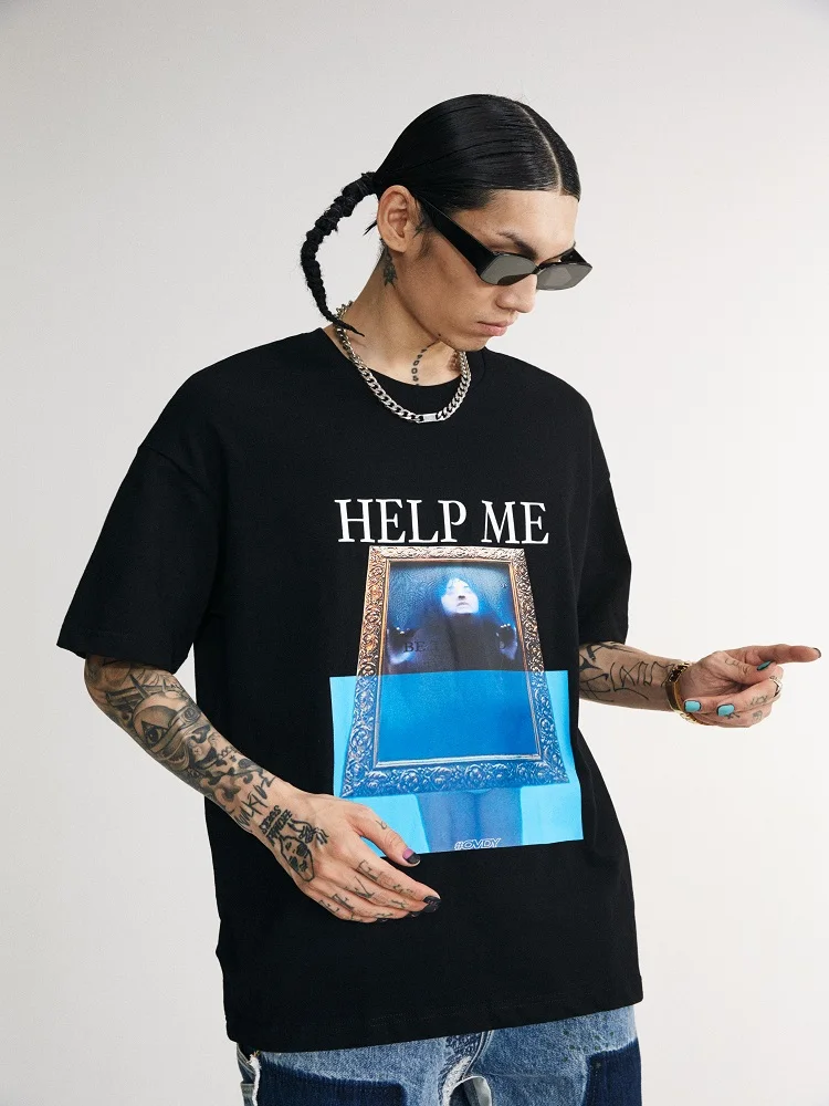 

Spring and summer new casual all-match picture frame girl print oversize short sleeve men 2021