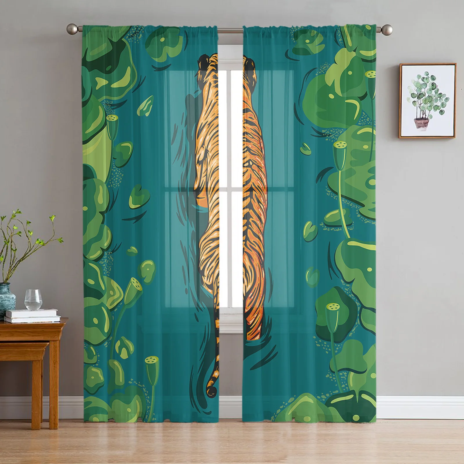 

Занавеска в виде листа лотоса, прозрачная Тюлевая штора с водной поверхностью, с тигром, для гостиной, спальни, аксессуары для украшения