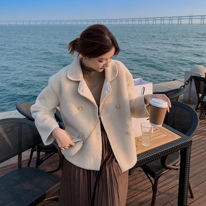 

Cbafu outono inverno outerwear feminino tweed casaco de lã duplo breasted manga longa quente casacos de pele das senhoras