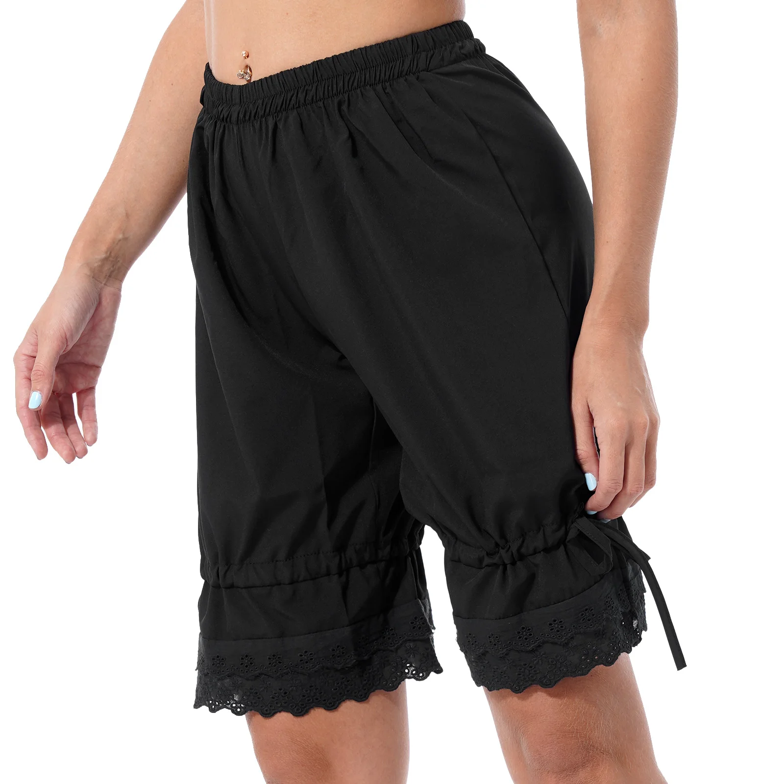 

Plus Size Women Stylish Clothing Elastic Waistband Solid Lace Ruffle Hem Elastic Drawstring Casual Loose Middle-Length Shorts