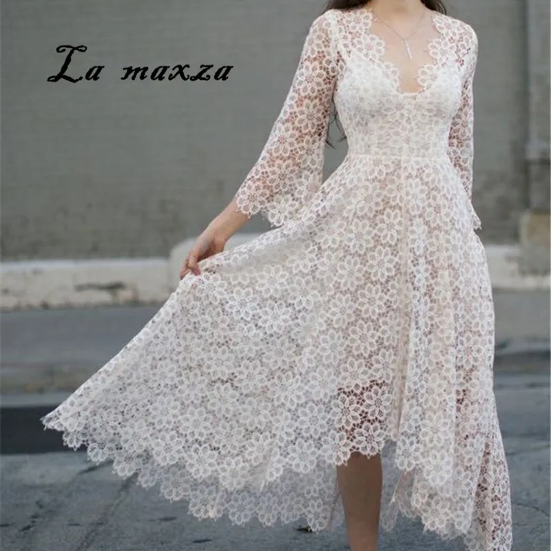 

Lace Patchwork V-neck Women Slim Maxi Dress Spring 2020 Sexy Hollow Out Dress
