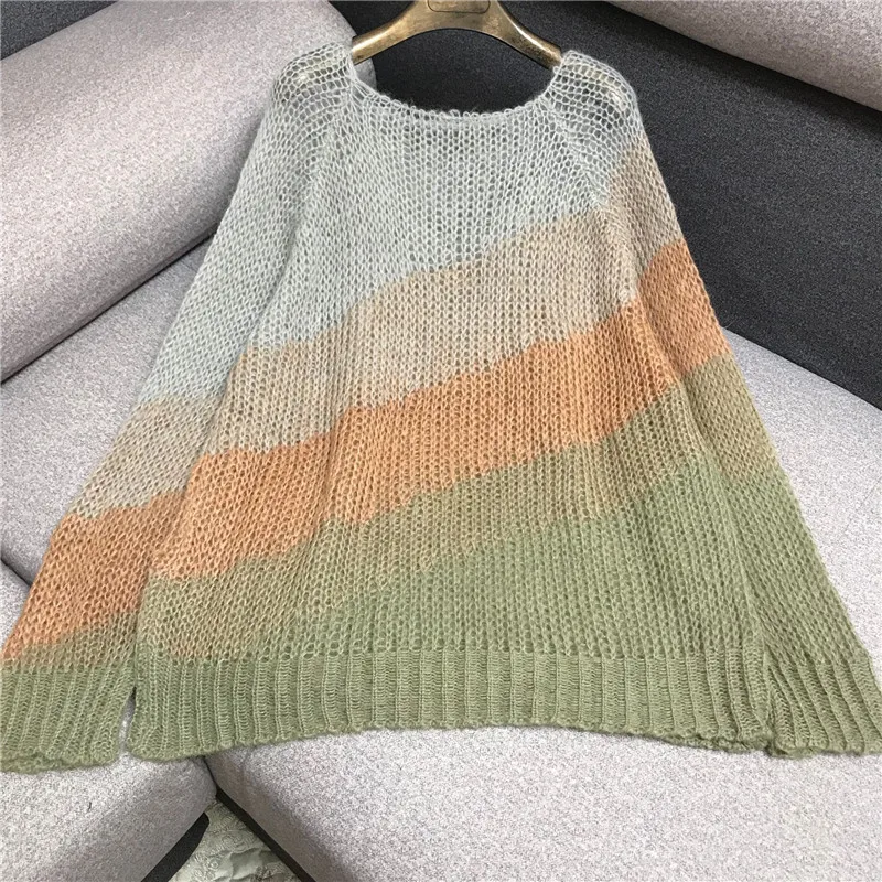 

Luxury Designer Brand Knitted Pullovers for Women Causel O Neck Rainbow Gradient Hollow Out Perspective Loose Knitted Sweater