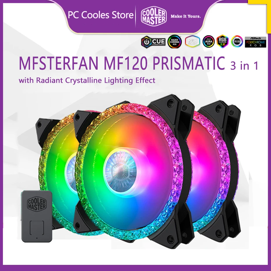 

Cooler Master MASTERFAN MF120 PRISMATIC 3-in-1 cooling fan 120mm ARGB Quiet Radiant Crystalline lighting effect with controller