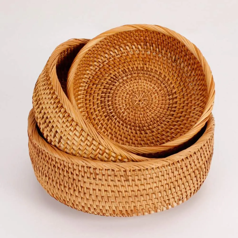 

Set Handmade Rattan Round Storage Basket Food Storage Bowls Kitchen Organizer ,Boho Home Décor Display Tray Catch All Dish