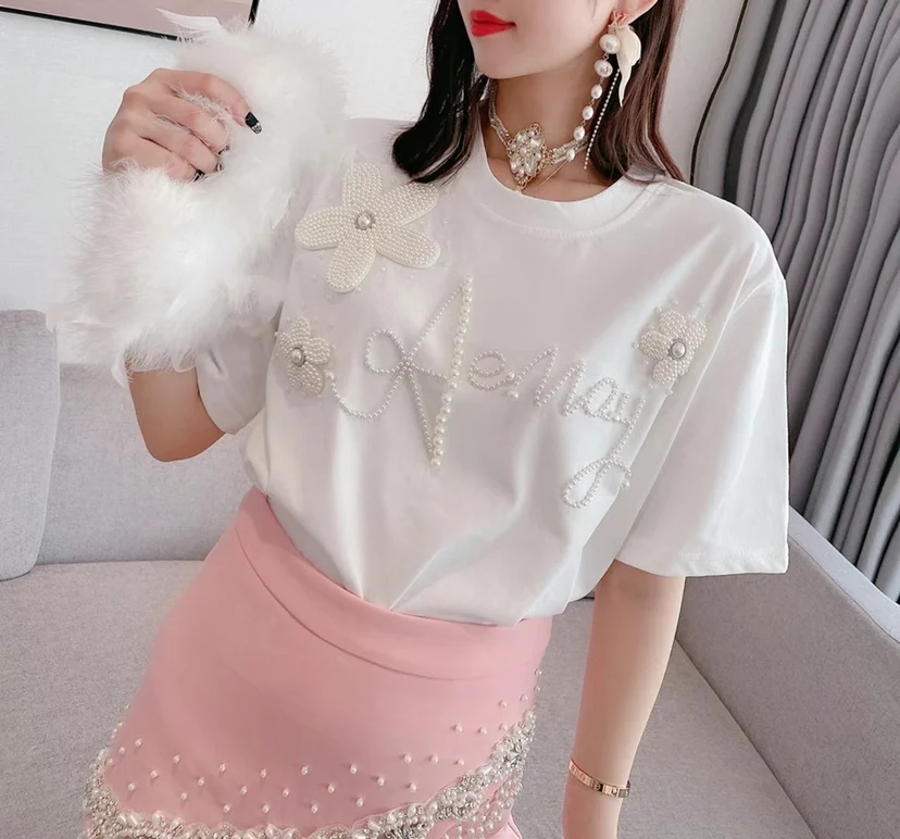 

Sweet Elegant Female Short Sleeve White T-shirt Women's Clothing 2021 Summer New Beads Top Loose Fashion Floral Tee