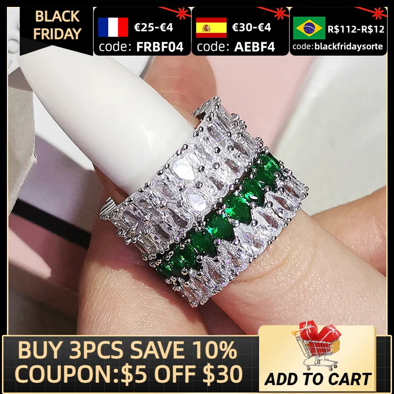 

2pcs Per Set Luxury Pack Green 925 Sterling Silver Wedding Band Eternity Ring for Women Gift Finger Lots Jewelry R5854