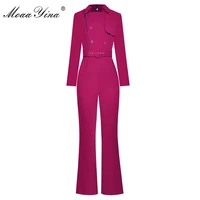 moaayina spring summer designer jumpsuits womens long sleeve zipper double breasted lace up pocket bell bottoms jumpsuits