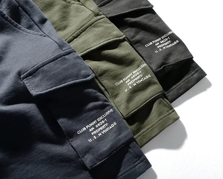 

2021 Summer New Sports Sweatpants Shorts Men's Fashion Pure Cotton Thick Terry Multi Pocket Casual Tooling Knee Length Pants