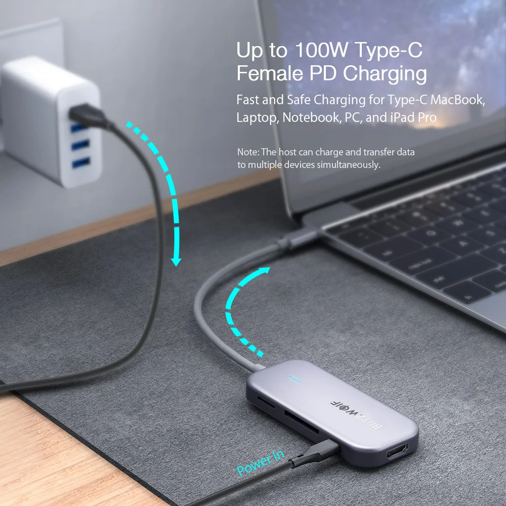 BlitzWolf BW-TH5 7 в 1 Тип usb type-C для передачи данных концентратор с доставкой в течение 3-Порты и разъёмы USB 3,0 TF Card Reader устройство чтения карт USB C зарядка PD 4K Дисплей для MacBook для iPad