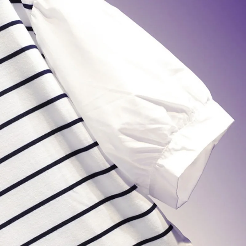 

Plus Size Women Summer Loose Casual T-shirts New 2021 Simple Style Patchwork Striped Female Simulation 2 Pieces Tops Tees W201