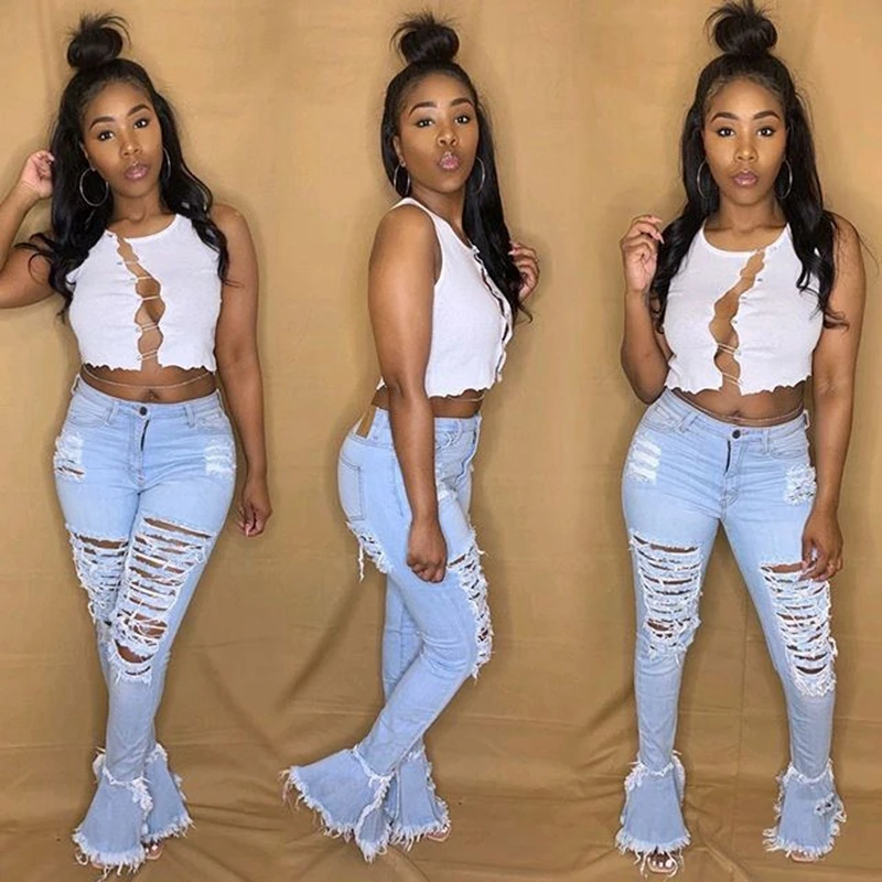 

High Waist Ripped Denim Jeans for Women Sexy Hole Stretch Skinny Pants Women Party Club Ladies Bell Bottom Bodycon Flare Jeans