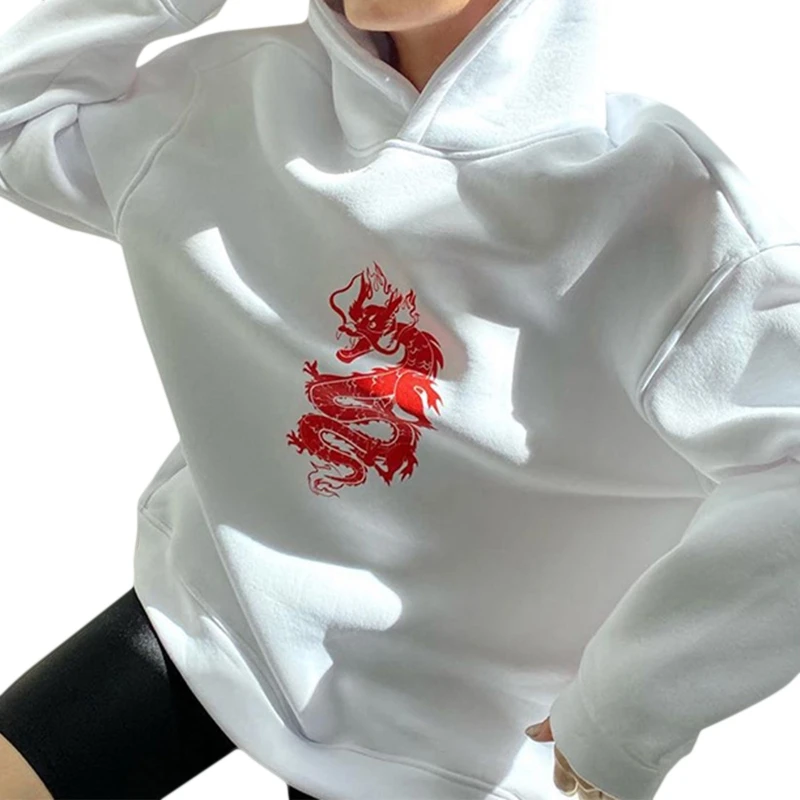 

Women Long Sleeve Hoodies Vintage Chinese Dragon Loose Sweatshirt with Pocket M5TE