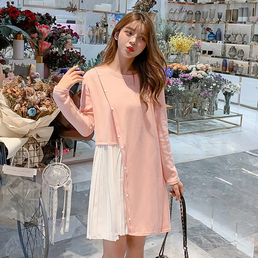 Осенне-зимнее платье для беременных милое вязаное с жемчужными пряжками Новое