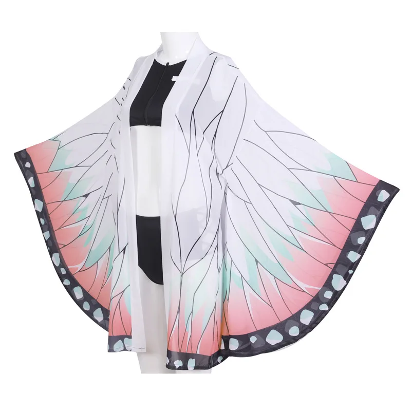 Demon Slayer Cosplay Swimsuit Kimetsu no Yaiba Kamado Tanjirou Two Piece V Neck Bathing Suit with Sheer Kimono Cardigan |