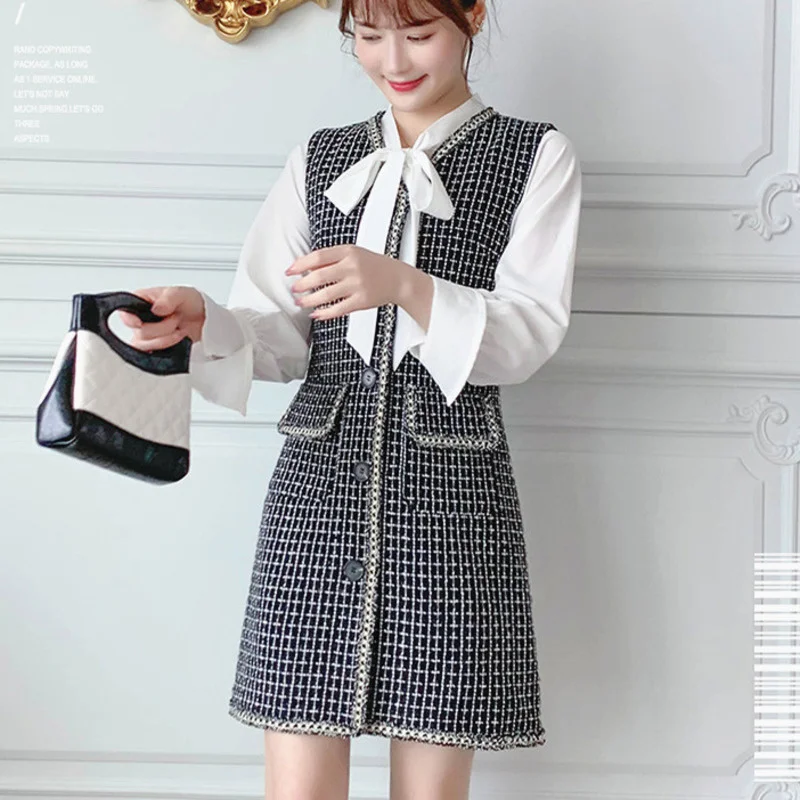 

Женское твидовое мини-платье, повседневное однобортное платье составного кроя с бантом из ленты и длинным рукавом, платье в Корейском стиле...