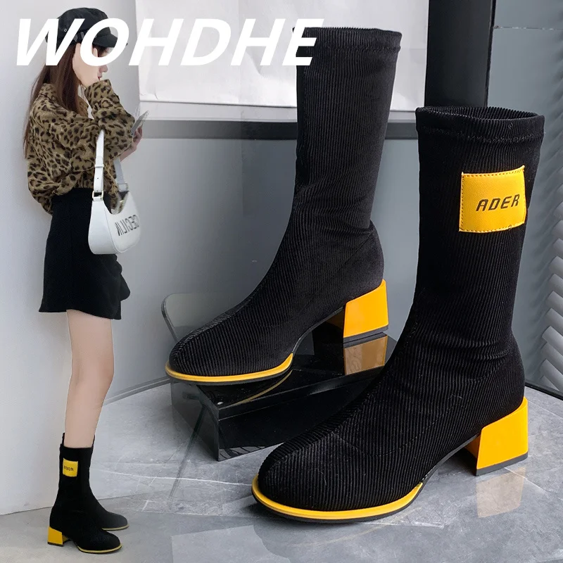 

WOHDHE Mid-calf Boots Texture Women's Slip-on Modern Boots Boots Round Toe Square Heel PU Inner Concise Comfortable Black Yellow