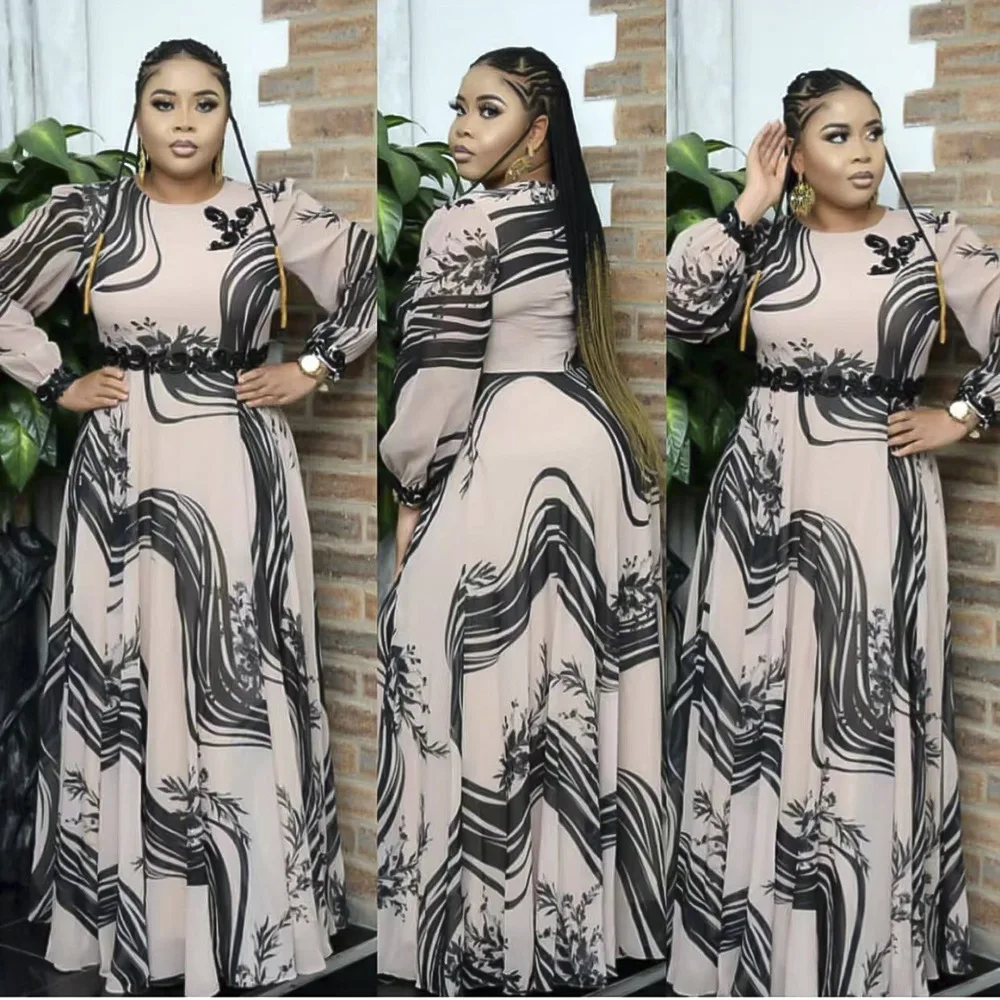 

African Dashiki Print Chiffon Abaya Maxi Dress Elegant Muslim Bazin Robe Gowns Long Riche Sexy Lady Traditional Hipster Islamic