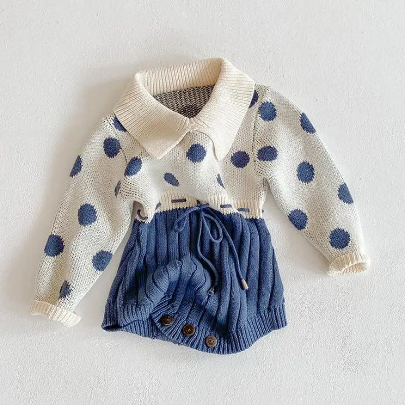 

2020 0-3Y Baby Autumn Clothing Infant Newborn Baby Girls Knitted Bodysuit Dot Print Long Sleeve Splice Jumpsuit Outfits