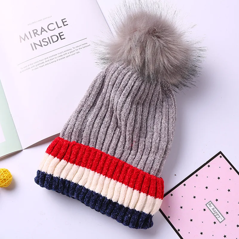 02 gray Новинка; зимние вязаные шапки Skullies Beanies из плотного искусственного меха с помпоном; женские теплые шапки в полоску; вязаная шапка с меховым помпоном - Цвет: 02 gray