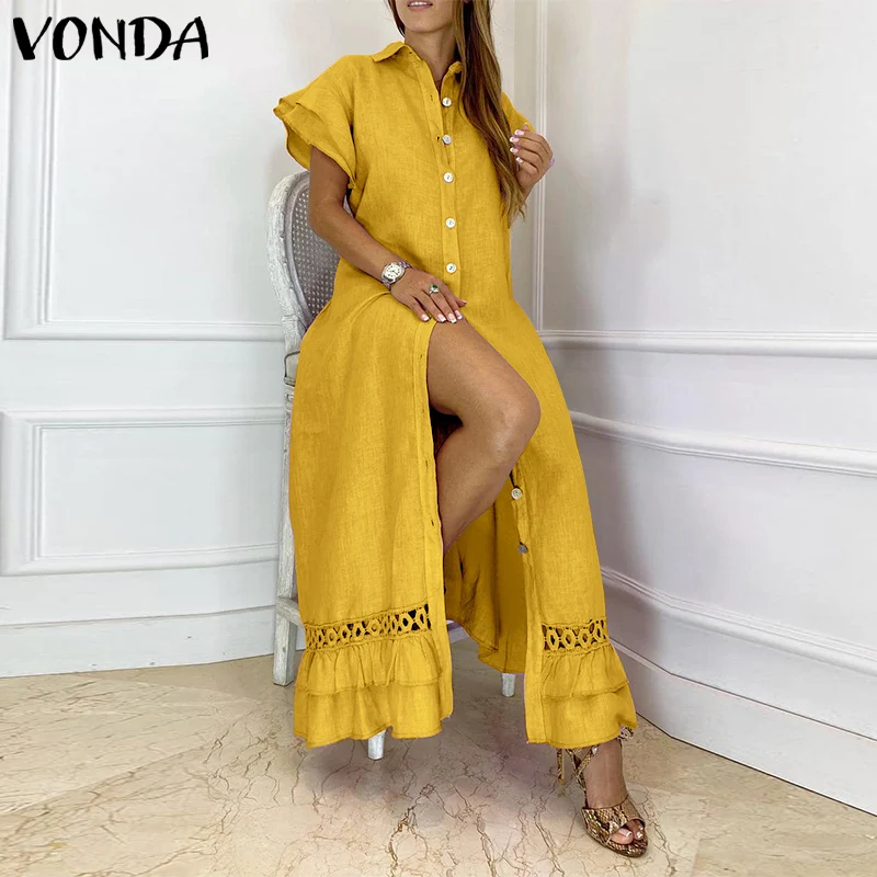 

2022 VONDA Sexy Split Hem Women Maxi Dress Summer Casual Short Sleeve Long Dresses Loose Lapel Collar Ruffled Hem Vestidos Robe