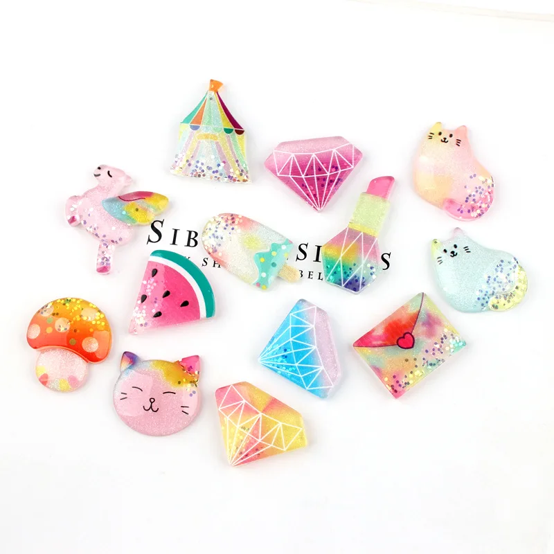 Colorful Glitter Resin Cabochons 10pcs Flatback Kawaii Fruit Watermelon Animal Cat Mushroom Ice Cream Horse Castle Cameo Patch | Украшения