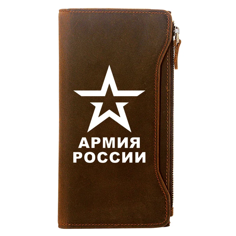 

АРМИЯ РОССИИ Pattern Credit Card Holder Package Genuine Leather Zipper Wallet Men Long Clutch Purse