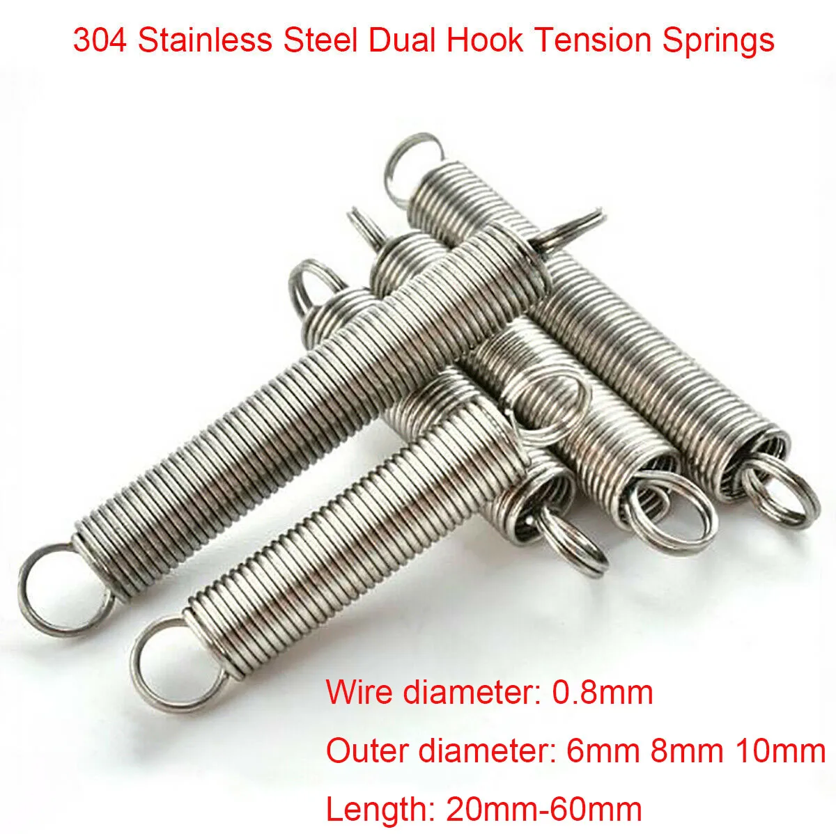 

5Pcs 0.8mm Wire Dia 304 Stainless Steel Dual Hook Tension Extension Spring Outer Dia 6/8/10mm Length 20mm - 60mm