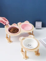 ceramics puppy cat dog pet bowl single double food bowl with wood stand bracket porcelain water feeder pet supplies dropshipping