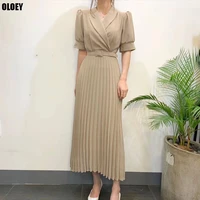 one piece elegant women slim v neck short sleeve dress korean woman pleated shirt dress 2021 summer fashion party holiday dress