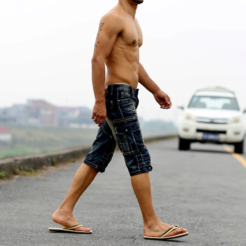 Мужские джинсовые шорты-карго винтажные потертые байкерские шорты в стиле ретро