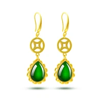 fashion women earrings 14k gold drop earring chinese style classic coins gemstone earrings green emerald jade earrings female
