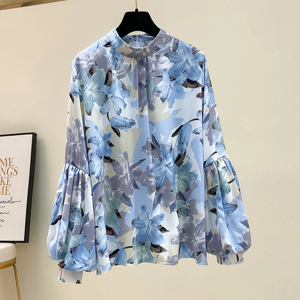 

Elegant Office Lady Flower Print Puff Sleeve Blouses Women Folds Loose Half High Collar Long Sleeve Top Back Zipper Up Shirts
